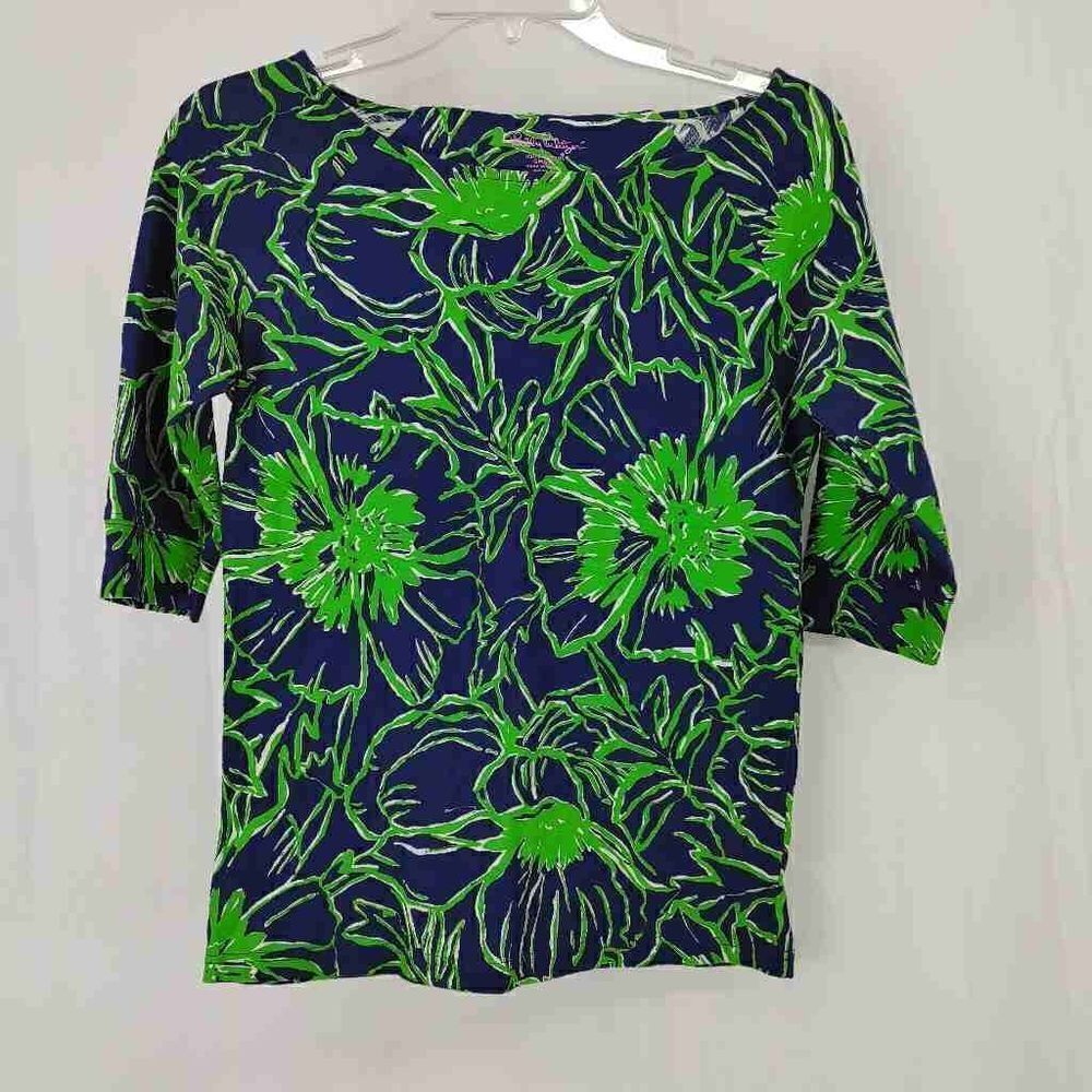 Lilly Pulitzer Cassie Top Printed 100% Cotton Bright Navy Heel Yeah Tee Small.
A